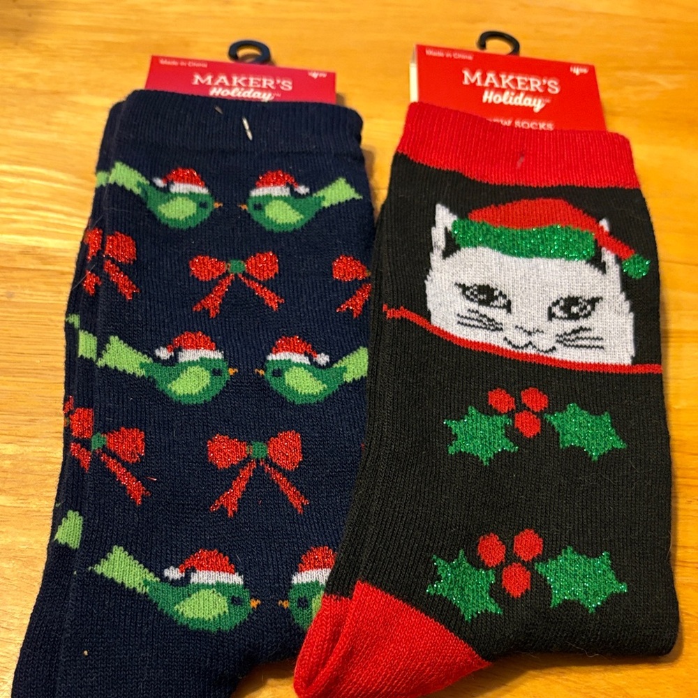 Women's Christmas Novelty Socks - Navy Bird & Black Cat